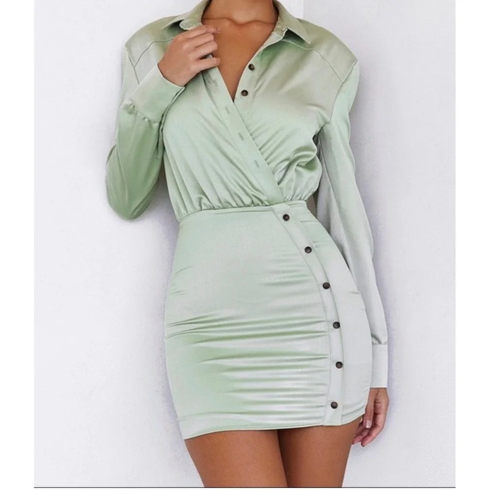 Mistress Rocks Sage Green Satin Long Sleeve Mini Dress XS New With Tags - Picture 1 of 8